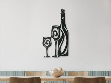 Drevená nálepka Fľaša vína a dva poháre