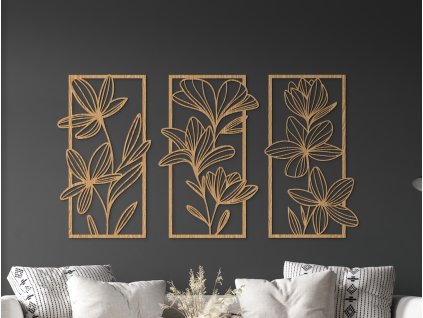 AKCIA 3-dielny drevený obraz Veľké kvety - 65x119,5 cm