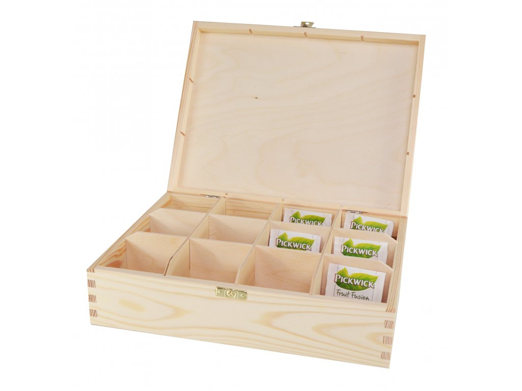 Dřevěná krabička na čaj s dvanácti přihrádkami a zapínáním II.