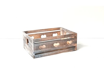 Dřevěná bedýnka se srdíčky 25 x 17,5 x 9,8 cm - šedá patina
