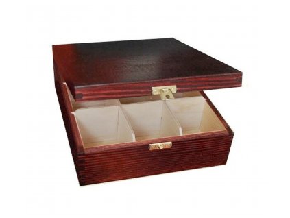 Dřevěná krabička na čaj s devíti přihrádkami a zapínáním, nátěr mahagon