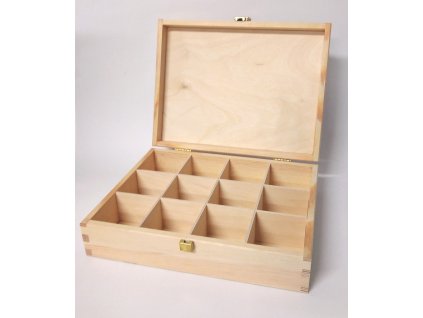 Dřevěná krabička na čaj s dvanácti přihrádkami a zapínáním - 2. JAKOST!
