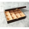 Dřevěná krabička na čaj s dvanácti přihrádkami a zapínáním, hnědý nátěr - 2. JAKOST!
