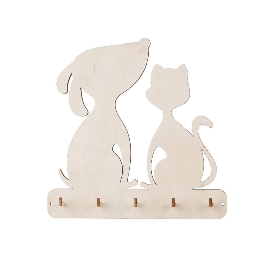 Dřevěný věšák na klíče - pejsek a kočička