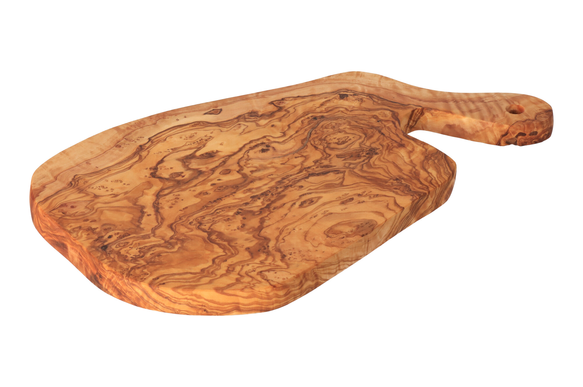 Oválné prkénko z olivového dřeva s rukojetí 30 cm