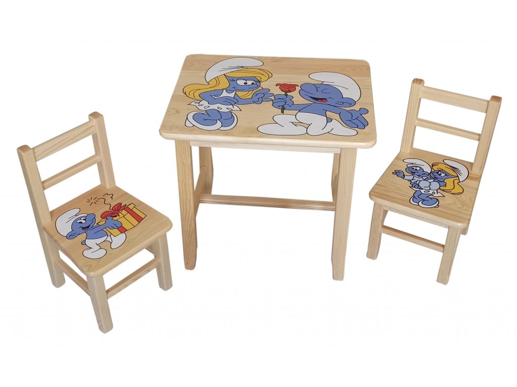 Dřevěný dětský stoleček s židličkami - Šmoulové