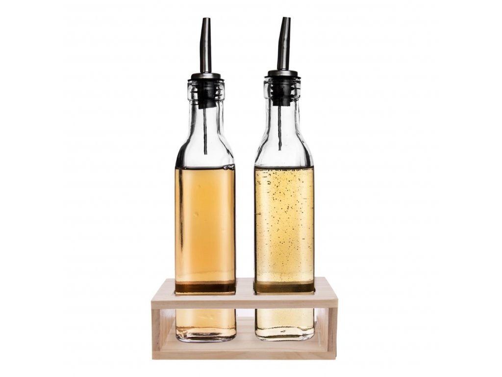 Sklenené fľaše na ocot/olej v stojane