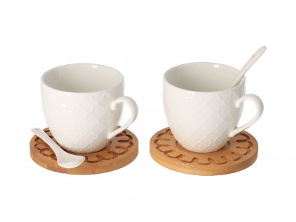 Drevená podložka s porcelánovým hrnčekom 0,25 l a lyžičkou 2 ks
