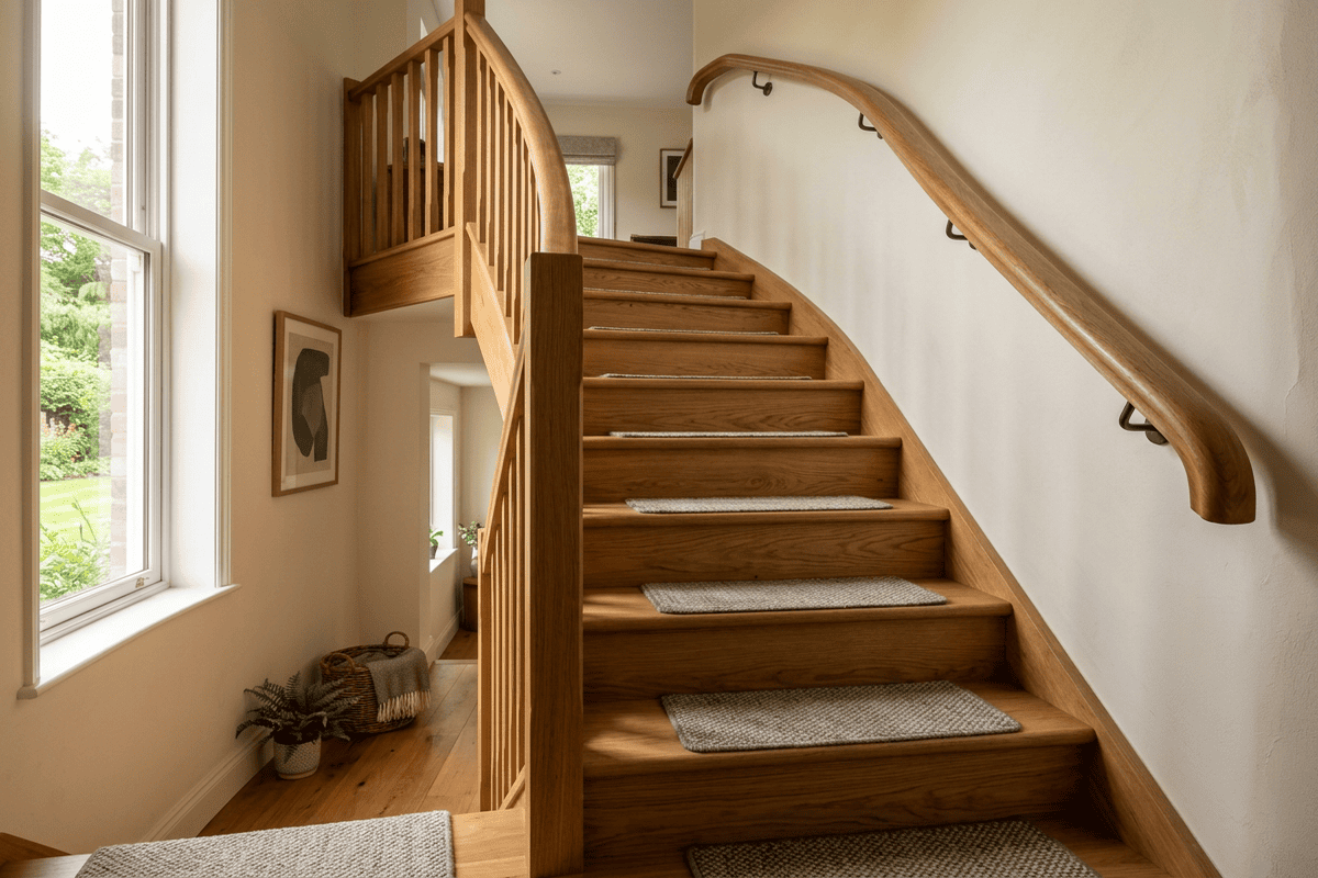 Drevené schody s madlom a protišmykovými kobercami v svetlom interiéri rodinného domu