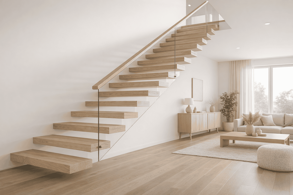 Moderné jaseňové schody s preskleným zábradlím v svetlom interiéri