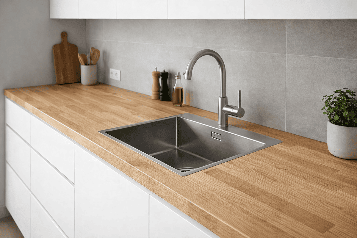 Moderná kuchyňa s dubovou pracovnou doskou, olejovaný povrch, nerezový drez