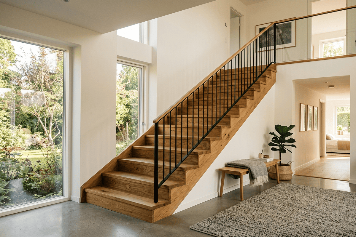 Moderné drevené schody do rodinného domu s čiernym kovovým zábradlím a veľkými oknami