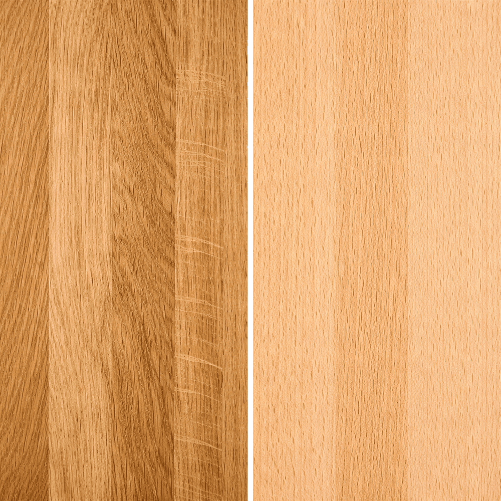 Porovnanie textúry dubovej a bukovej pracovnej dosky vedľa seba