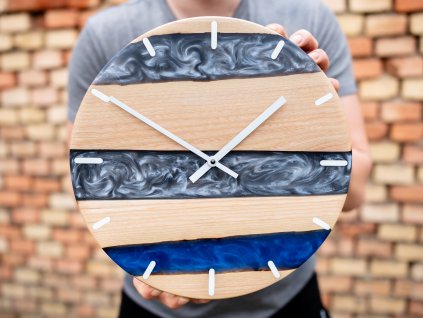 dřevěné hodiny, epoxidové hodiny modré