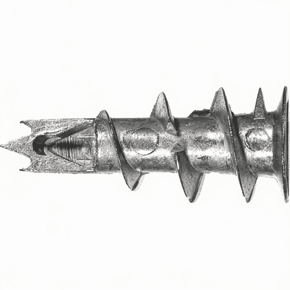 Detailná fotografia kovovej samovrtnej hmoždinky (slimák) pre ľahké kotvenie do sadrokartónovej dosky