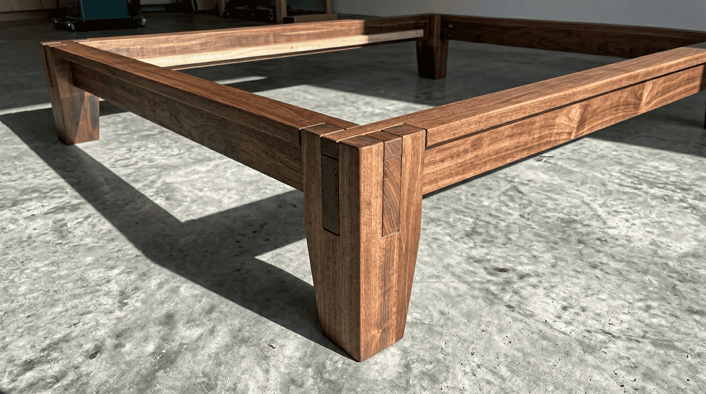 Detailný pohľad na tradičný stolársky spoj čap a dlab pri stavbe nohy masívnej postele.