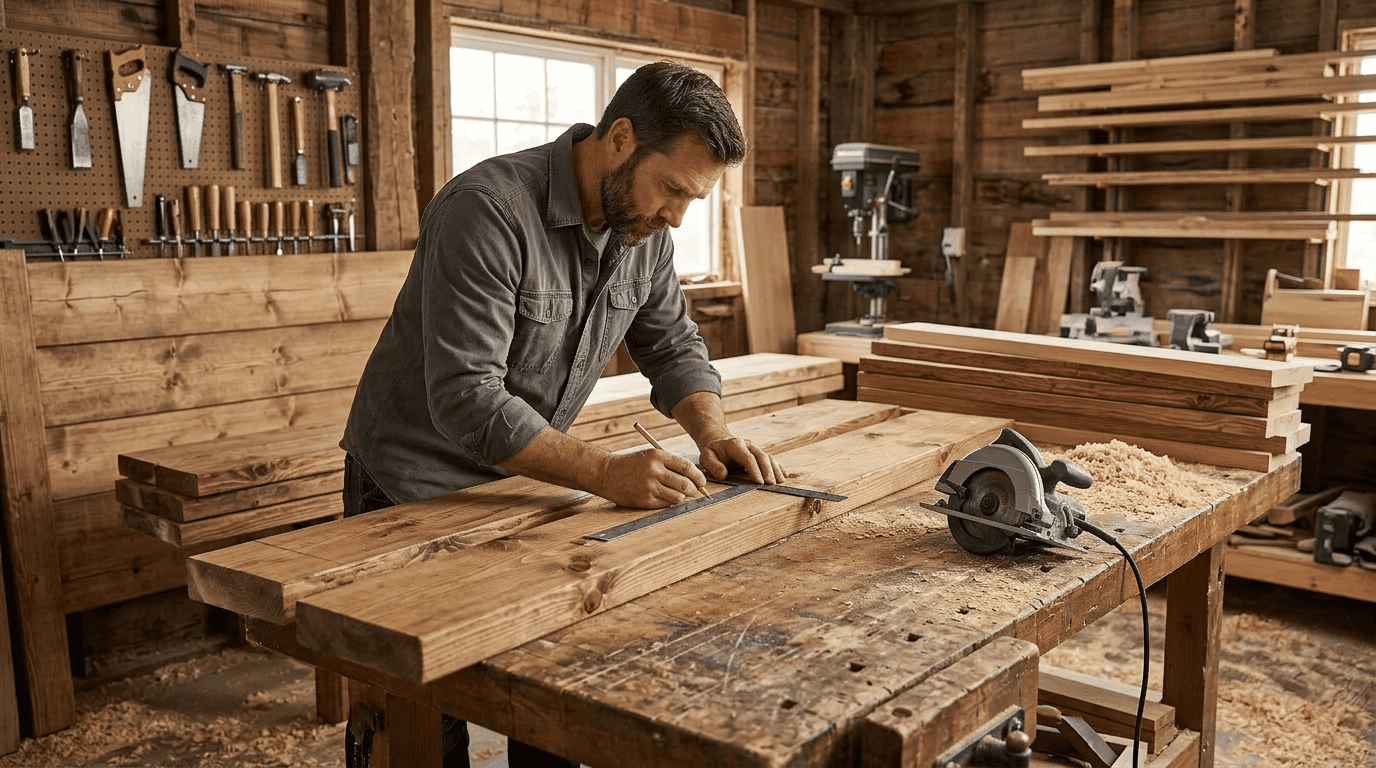 Presné meranie a rezanie borovicových dosiek pokosovou pílou na stavbu masívnej postele.