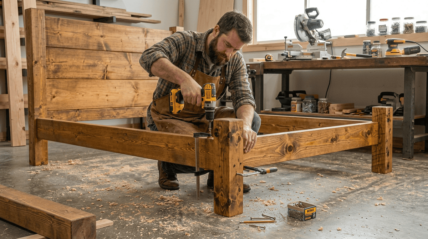 Montáž dreveného rámu postele pomocou uholníkov a aku vŕtačky v domácej dielni.