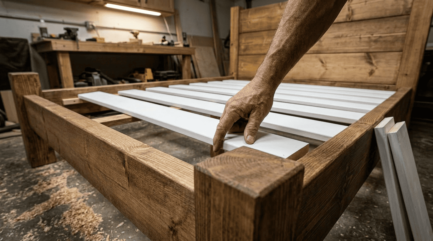 Upevňovanie drevených lamiel a nosníkov pod matrac do rámu postele.