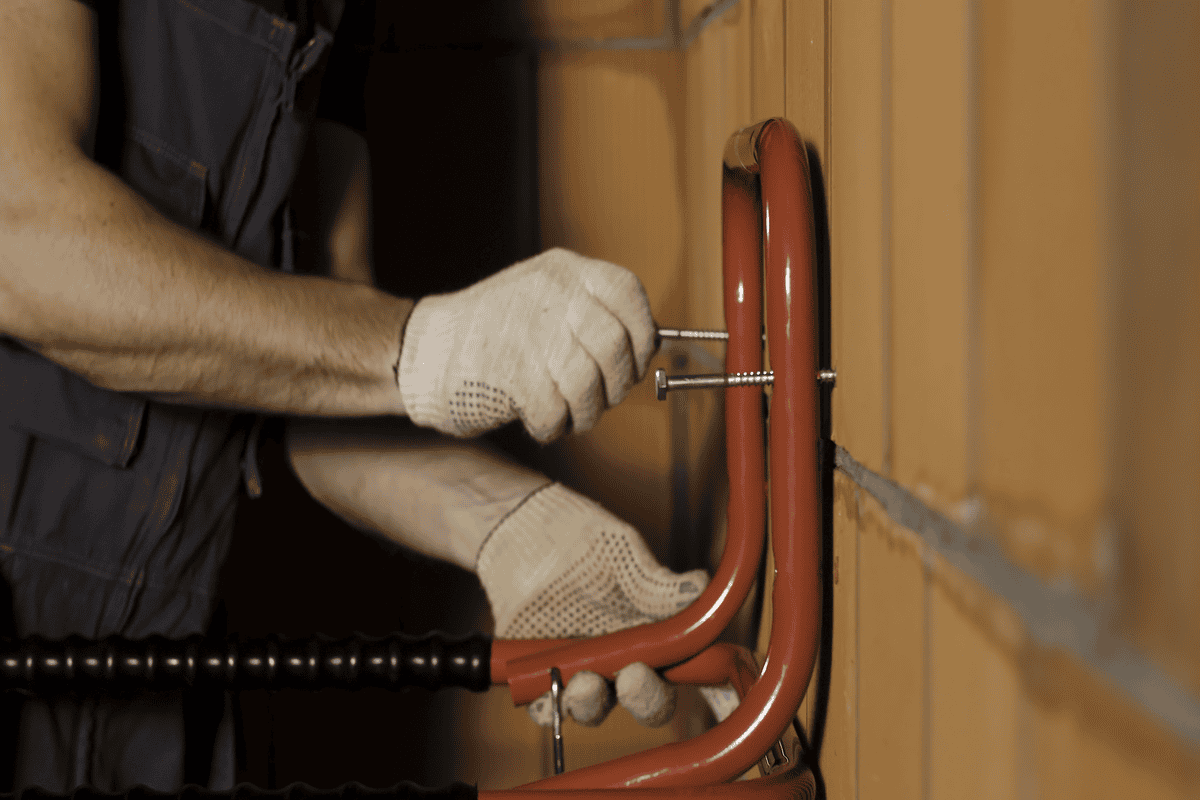 Detail na pracovníka doťahujúceho skrutku na červený kovový konštrukčný držiak