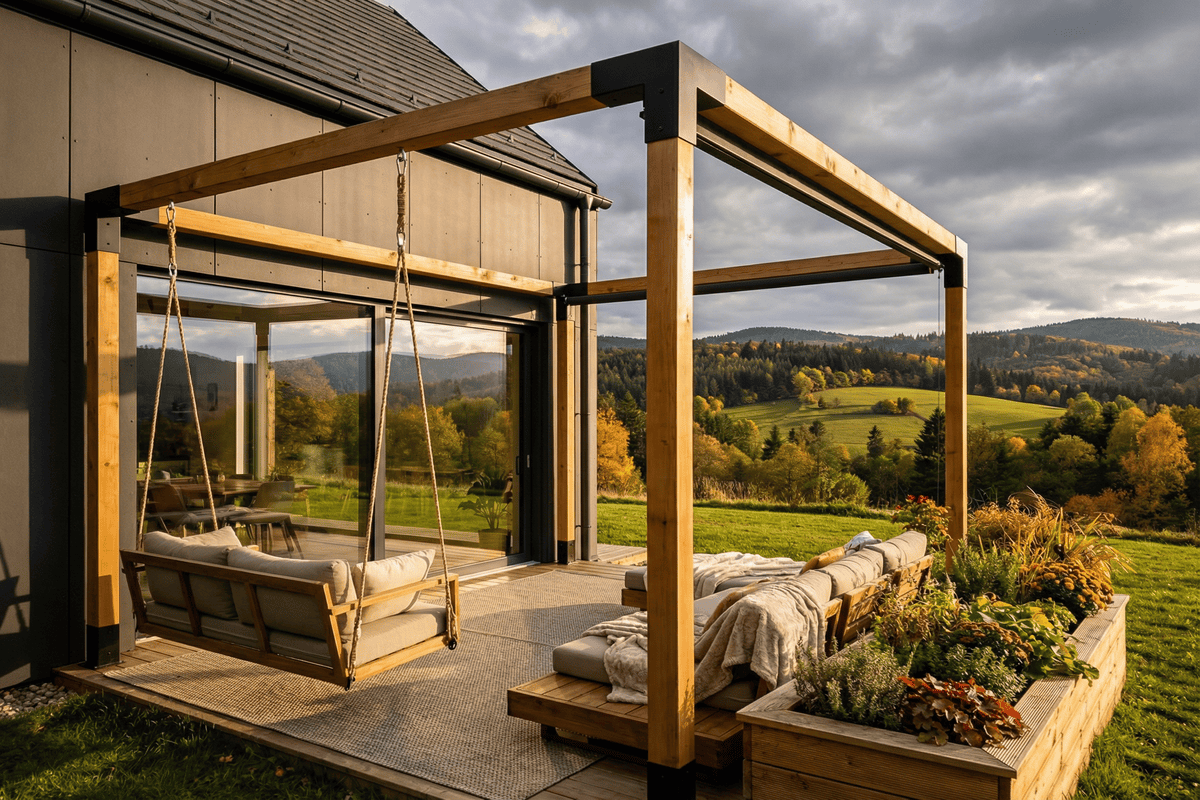 Masívna drevená pergola 140x140 s hojdačkou a oddychovou zónou pri dome