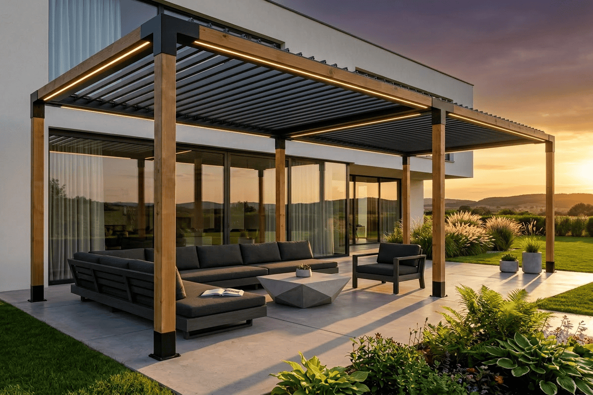 Moderná pergola z hranolov 140x140 pri dome s osvetlením a čiernymi spojkami