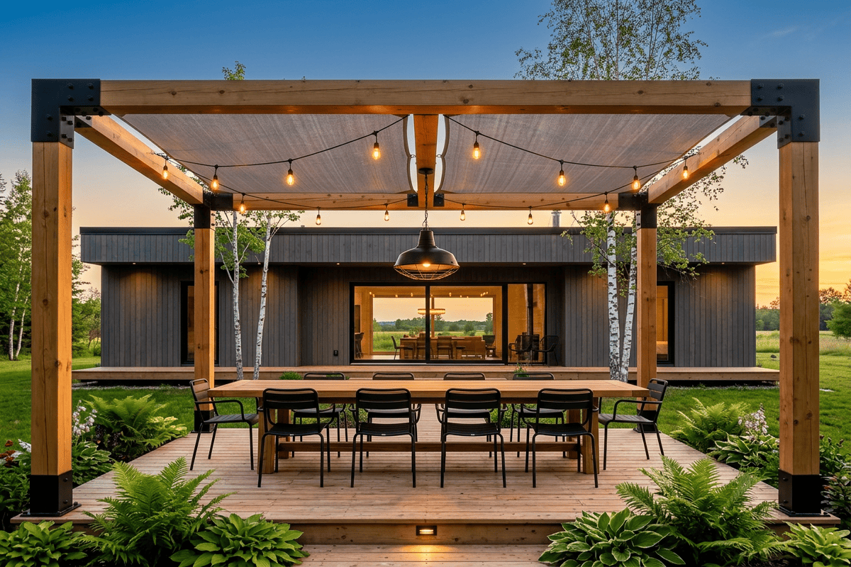 Pergola nad terasou z hranolov 140x140 s osvetlením pri dome