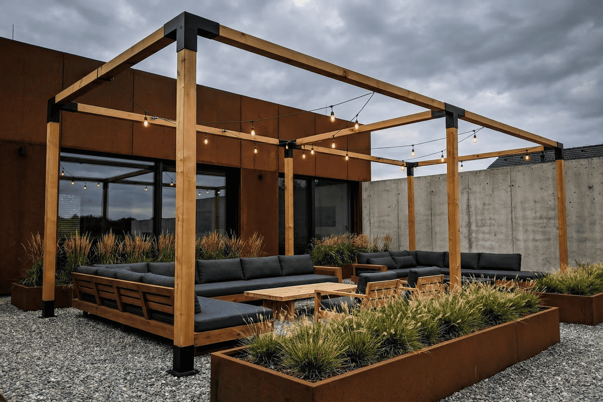 Veľká pergola z hranolov 140x140 s čiernymi spojkami a záhradným sedením
