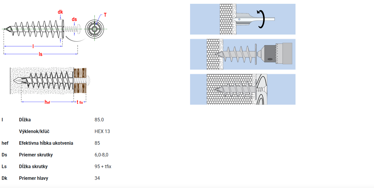 Technický nákres hmoždinky 34x85mm do polystyrénu