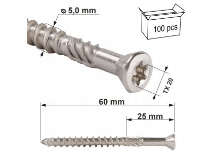 Nerezove skrutky do dreva 5x60 mm 100 ks terasove TORX A2 Klimas WN Kod vyrobcu WN 50060 A2
