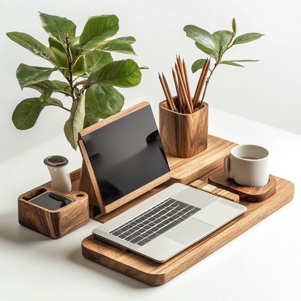 Přírodní harmonie v práci: Dřevěné doplňky, které promění vaši kancelář i home office