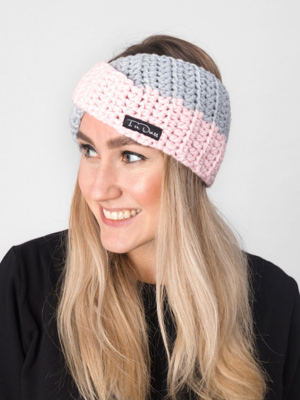 Drexiss háčkovaná čelenka TWIST DOUBLE SWEET PINK GREY (3)