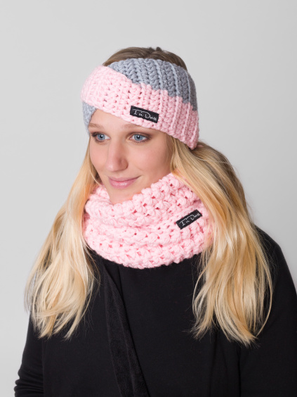 Drexiss háčkovaný set čelenka TWIST DOUBLE SWEET PINK GREY a nákrčník