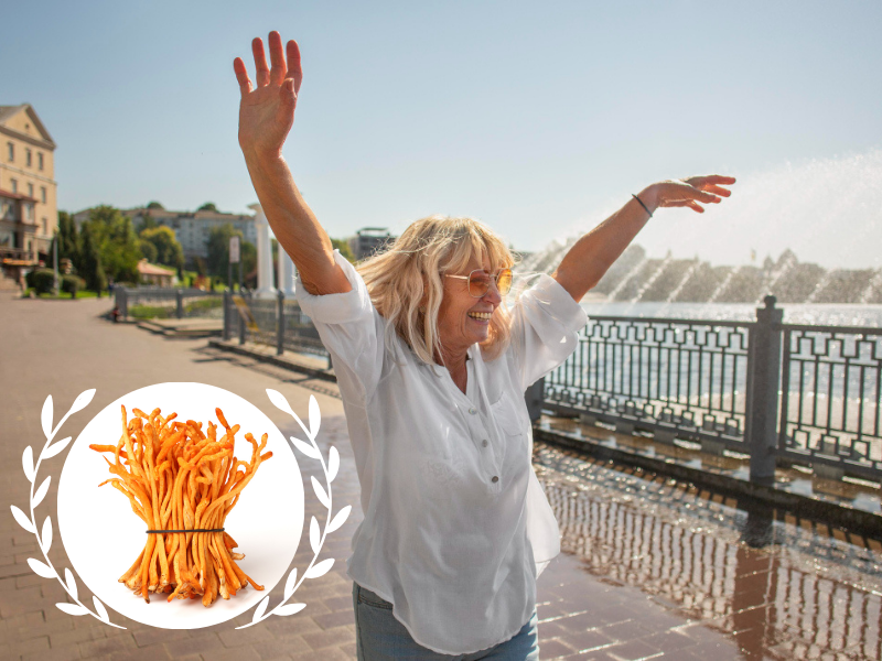 Na fotografii můžete vidět cordyceps – vitální houbu známou svými účinky na energii a vitalitu. Pomáhá snižovat únavu, zvyšuje fyzický výkon a podporuje přirozenou regeneraci těla.