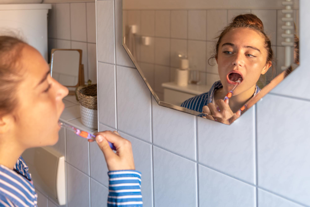 Mladá žena sleduje dutinu ústní v zrcadle při čištění zubů – hygiena jako součást prevence při aftách.