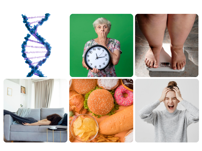 DNA jako symbol dědičnosti, starší žena se šokovaným výrazem a hodinami, oteklé nohy na váze, unavená osoba spící na gauči, nezdravé jídlo (hamburger, pečivo, chipsy, sladkosti) a žena ve stresu se zoufalým výrazem.