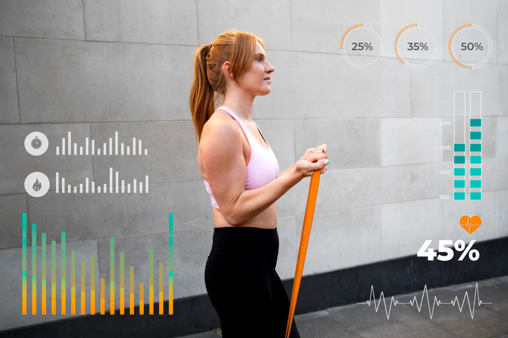 zena-cvici-s-gumou-fitness-aplikace-a-chytre-hodinky-podpora-pohybu-tep-a-kalorie