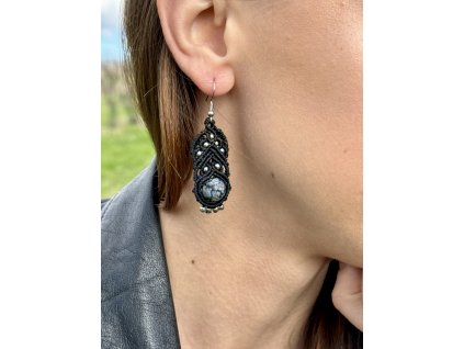 macrame náušnice s obsidiánem