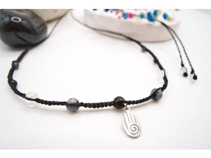 Minerální náhrdelník/Choker Hamsa/Onyx, Obsidián, Křišťál
