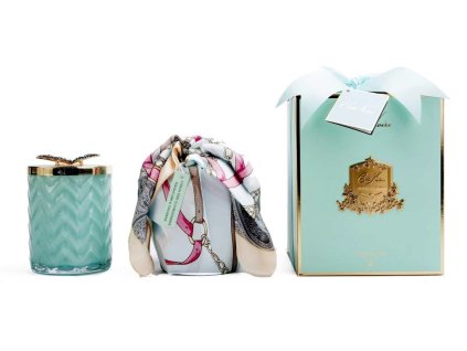 Côte Noire Herringbone svíčka se šátkem – Tiffany Blue & Gold s víčkem Butterfly 🦋✨