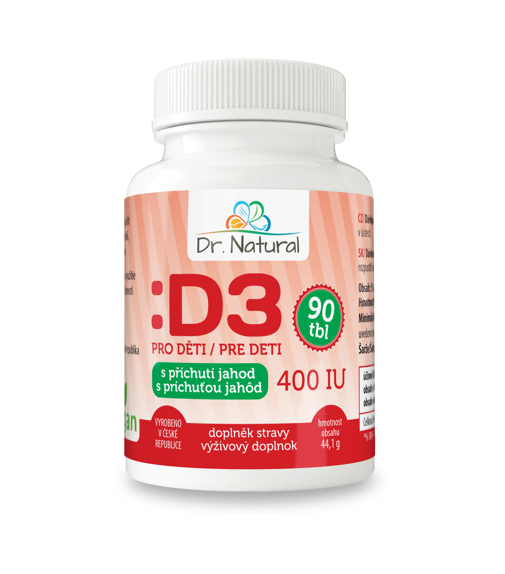 Dr. Natural Vitamín D3 pro děti 400 IU 90 tbl. s příchutí jahod