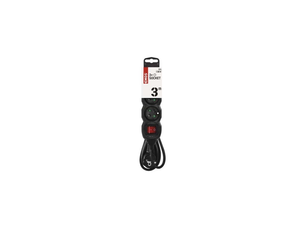 EMOS Prodlužovací kabel 3 m / 3 zásuvky / s vypínačem / černý / PVC / 1 mm2 PC1313