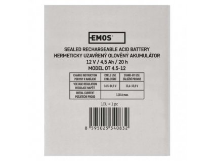 EMOS Bezúdržbový olověný akumulátor 12 V/4,5 Ah, faston 4,7 mm B9653
