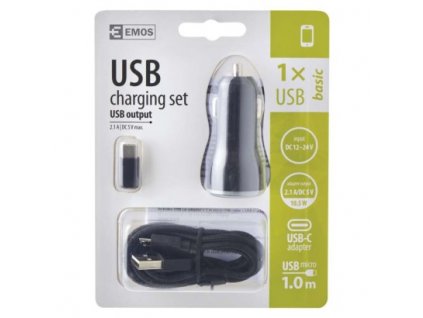 EMOS USB adaptér do auta 2,1A + micro USB kabel + USB-C redukce V0219