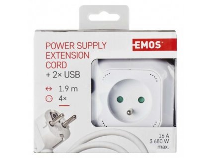 EMOS Prodlužovací kabel - kostka 1,9 m / 4 zásuvky / bílý / PVC / s USB / 1 mm2 P04119U