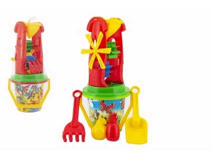 Sada na písek plast kbelík, mlýnek s doplňky 4 barvy v síťce 20x42x19cm 12m+