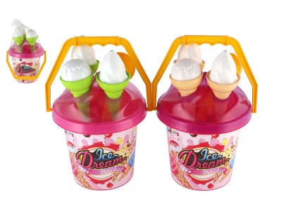 Sada na písek plast kbelík + formičky zmrzlina 2 barvy v síťce 18x28x17cm 12m+