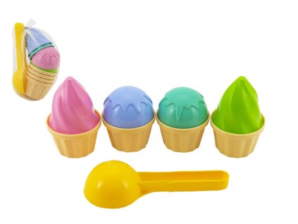Sada na písek zmrzlina plast lopatka 15cm + bábovky 2 barvy v síťce  12m+
