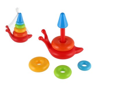 Skládanka pyramida kroužky šnek plast 6ks v síťce 18x20x12cm  12m+