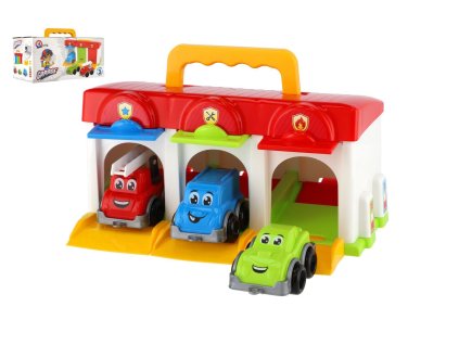 Garáž s autíčky 3ks + doplňky plast v krabici 27x14x15cm